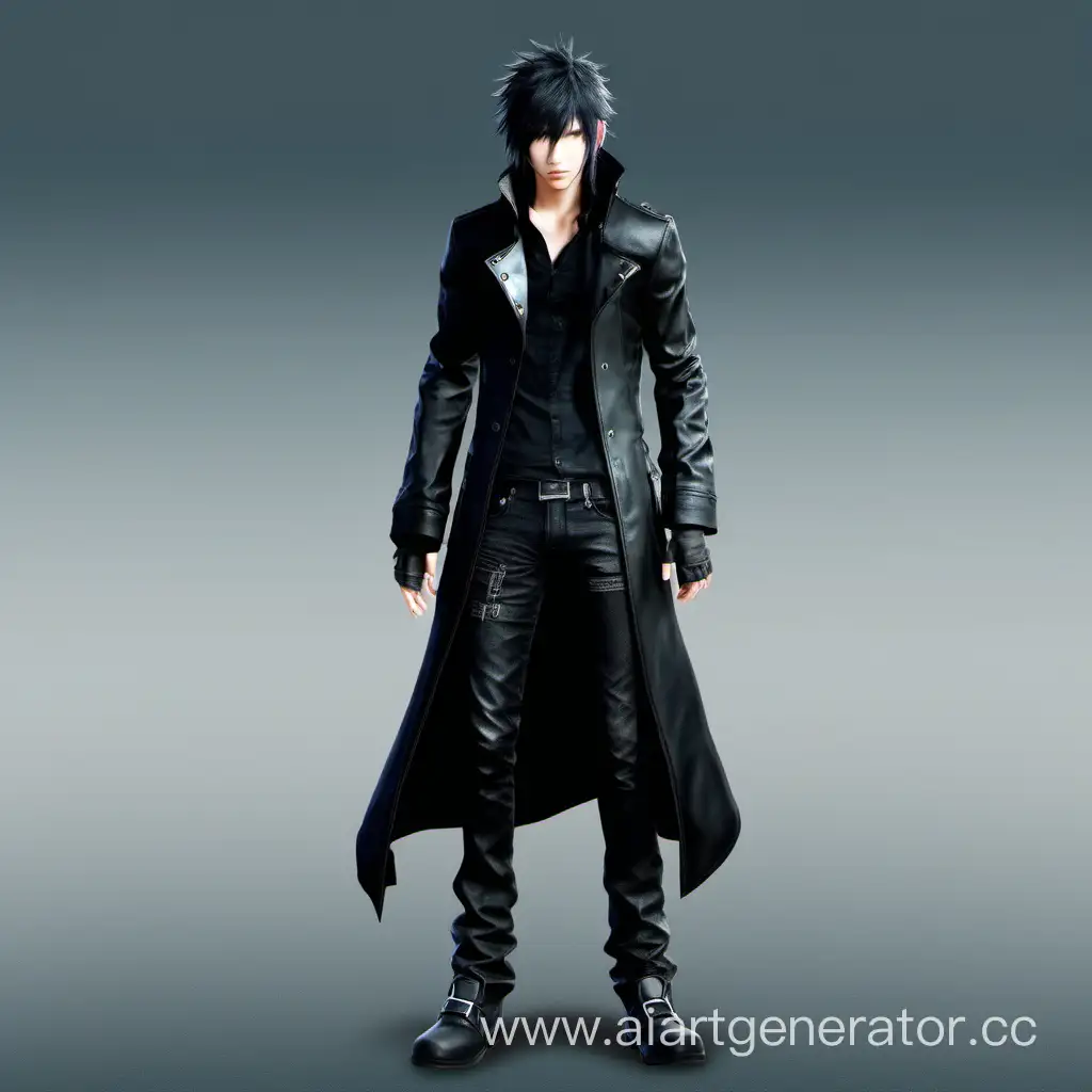 Stylish-Adult-Noctis-Lucis-Caelum-in-Black-NonLeather-Coat-and-Dark-Jeans