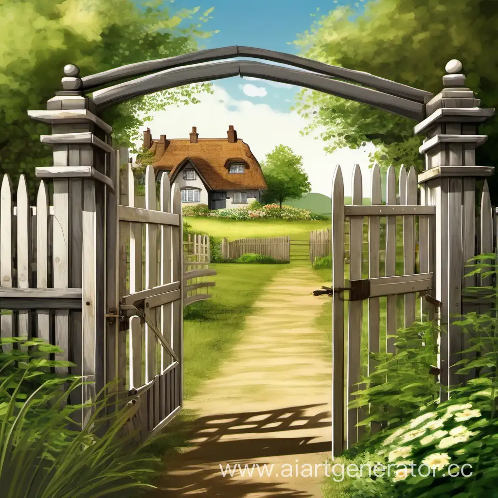 Picturesque-Summer-Scene-Wooden-Open-Gates-and-Rural-Cottage-Amid-Lush-Vegetation