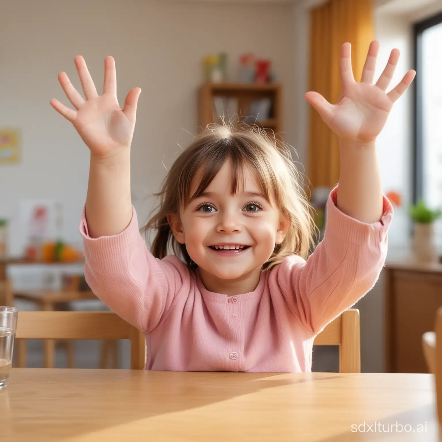 Photo, young child sitting and playing at the table, realistic character, blurred background in kindergarten, happy mood, clear and bright eyes, cheerful and lively, girl, raising hands from the table