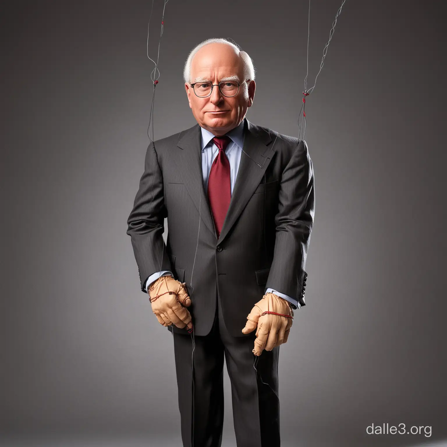 Dick Cheney is being controlled like a puppet by strings. Full-body shot.