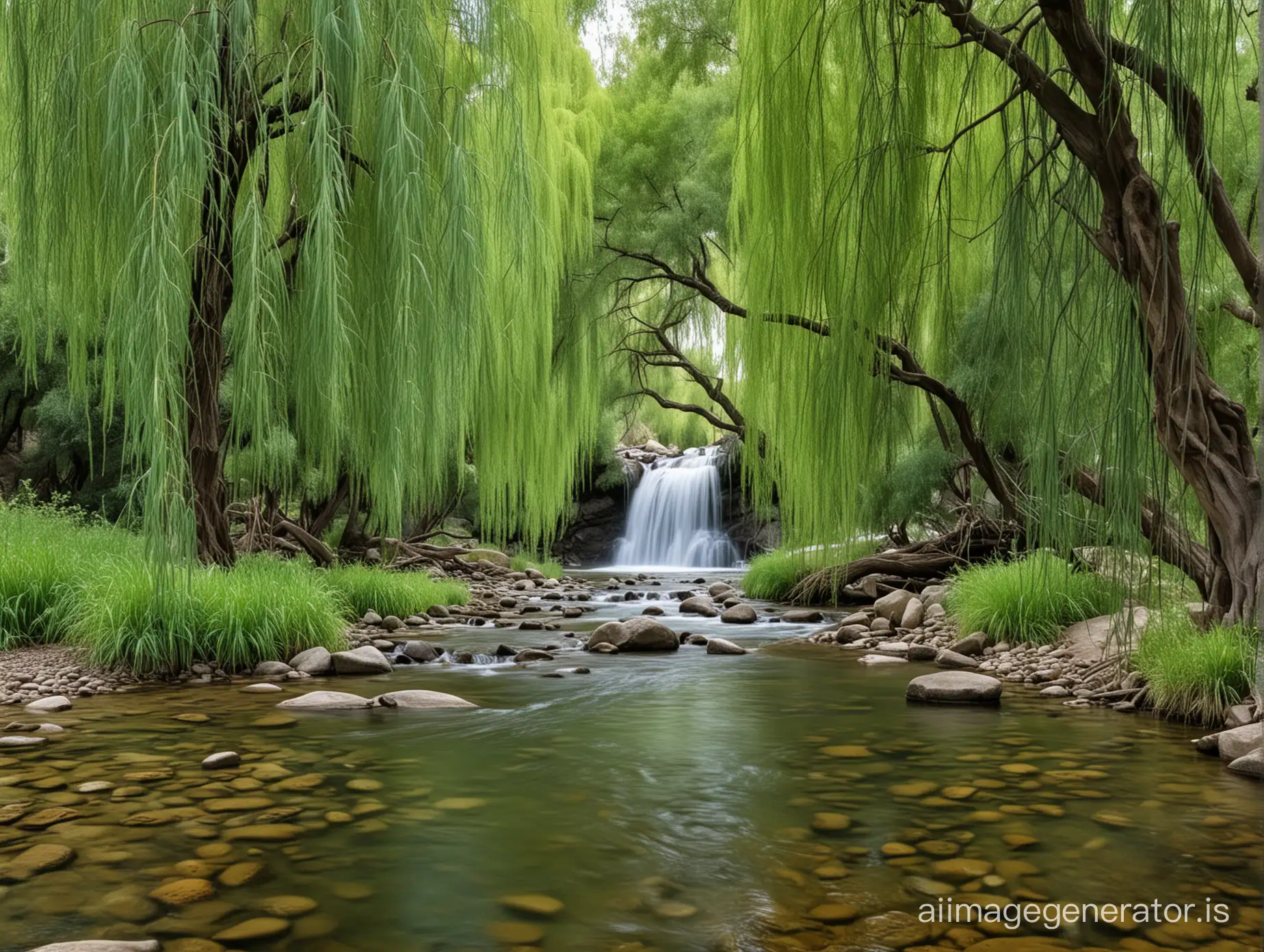 mountain stream with large waterfall weeping willow trees along the banks