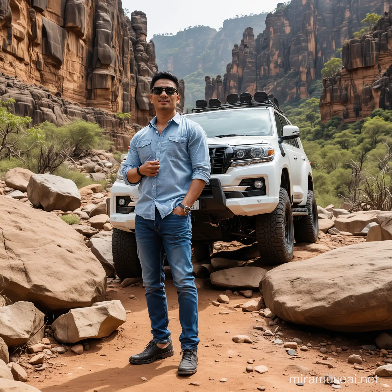 An indonesian gentleman with casual shirt and blue jeans with black sport sunglasses. In the behind there is a white car of land cruiser prado with super big tires. Background in the rock hills and big rock around.