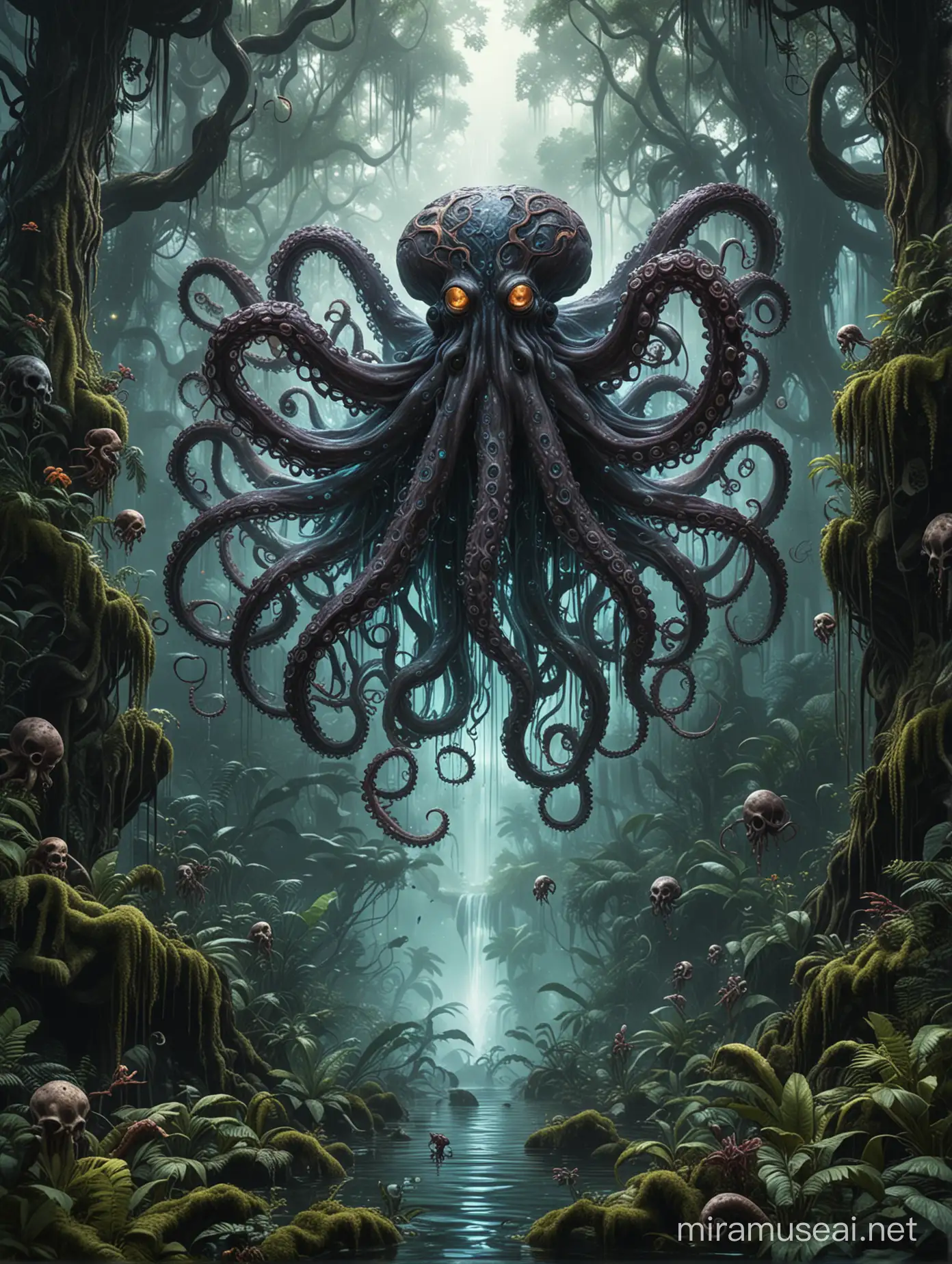 Psychedelic Jungle Octopus Art Dark Forest Vision with Motion and Merging Creatures