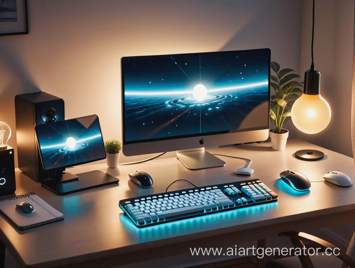Picture a computer table, there is a large computer monitor on it, a keyboard, a computer mouse, a light bulb shines from above with a soft muted light, also on the table next to the monitor there is a phone with a screen to me, cartoon quality, 8k