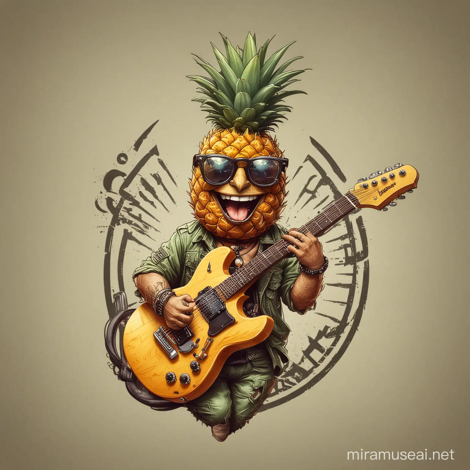 A logo of a pineapple rocker wearing glasses and an electric guitar