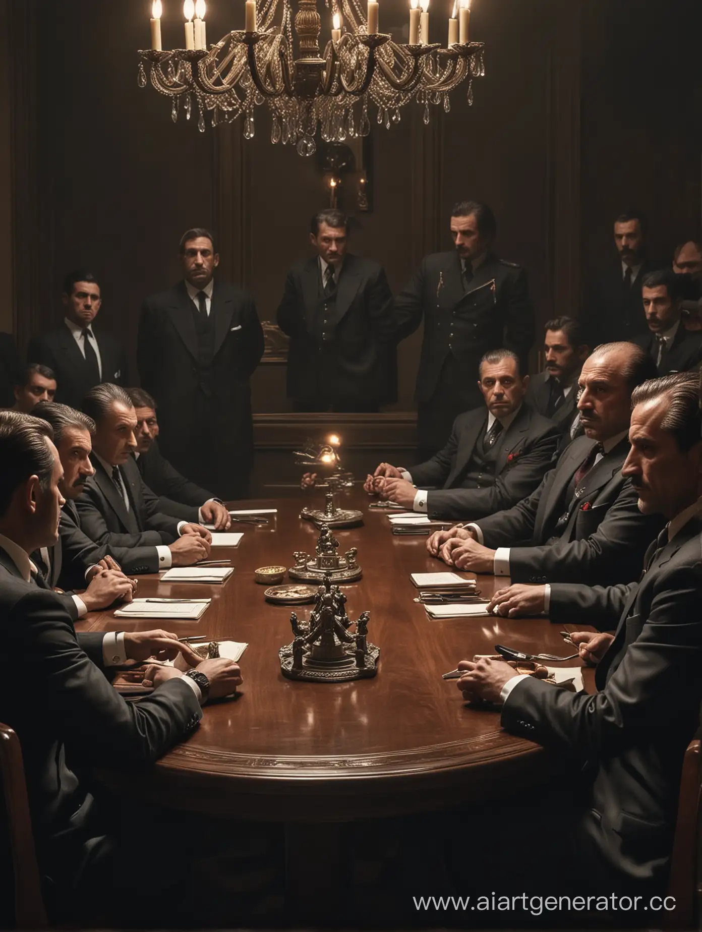 Intimidating-Mafia-Bosses-Surrounded-by-Vigilant-Guards-at-Lavish-Table