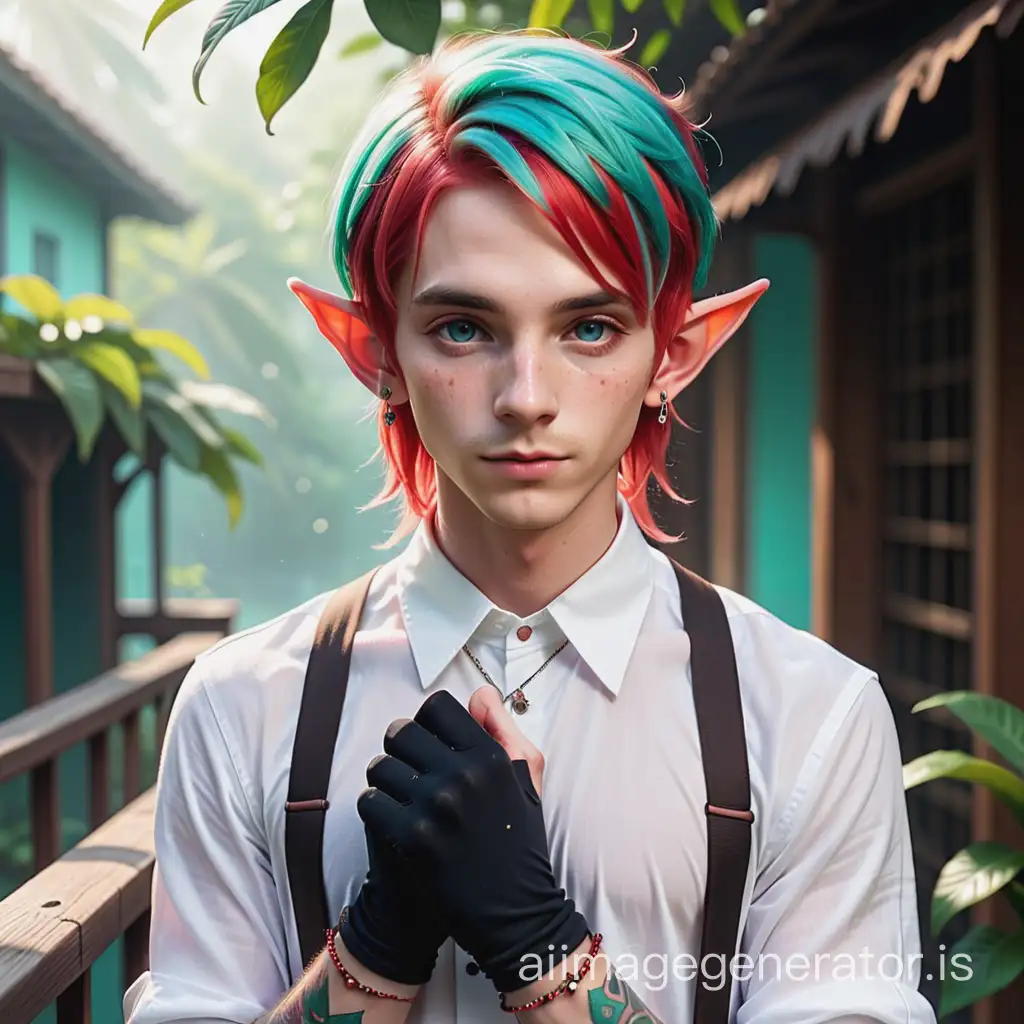 an elf male with coral colored hair, lots of freckles, jewelry on their ears, wearing finger less gloves, skin fades from white to red at fingertips, black fingernails, hands at sides, full body image, WITH SHIRT, short ears, androgynous-looking , male, teal roots, boy, 25 year old