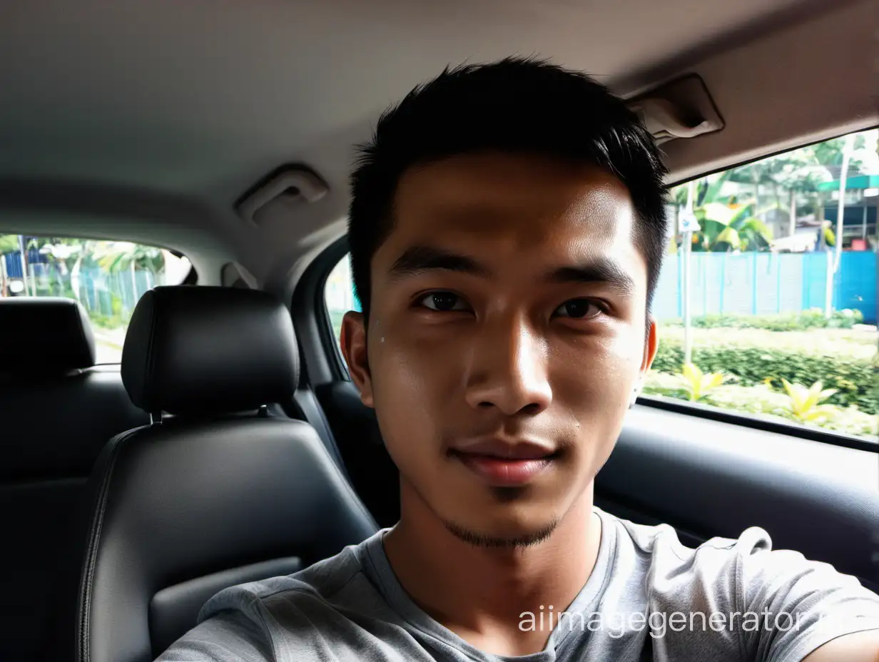 23 year old malaysian male short hair in car selfie, zoom out