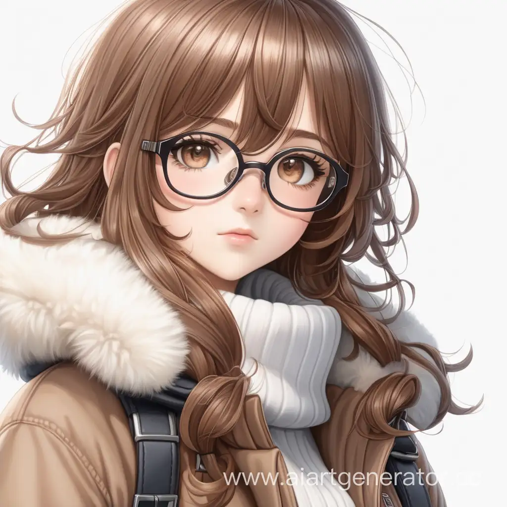 Аниме девушка в зимней одежде выше колен, красивые глаза, коричневые волосы, в очках, 4k, без распущенный волос, на белом фоне