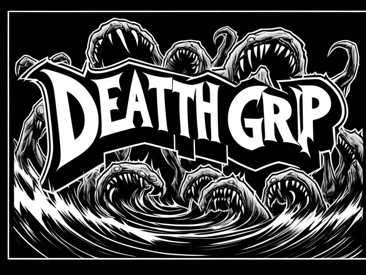 1970s monster movie poster 'Death Grip Tape', in the style of Jim Phillips, black and white, stencil, minimalist, simplicity, vector art, negative space, isolated on black background --v 5.2