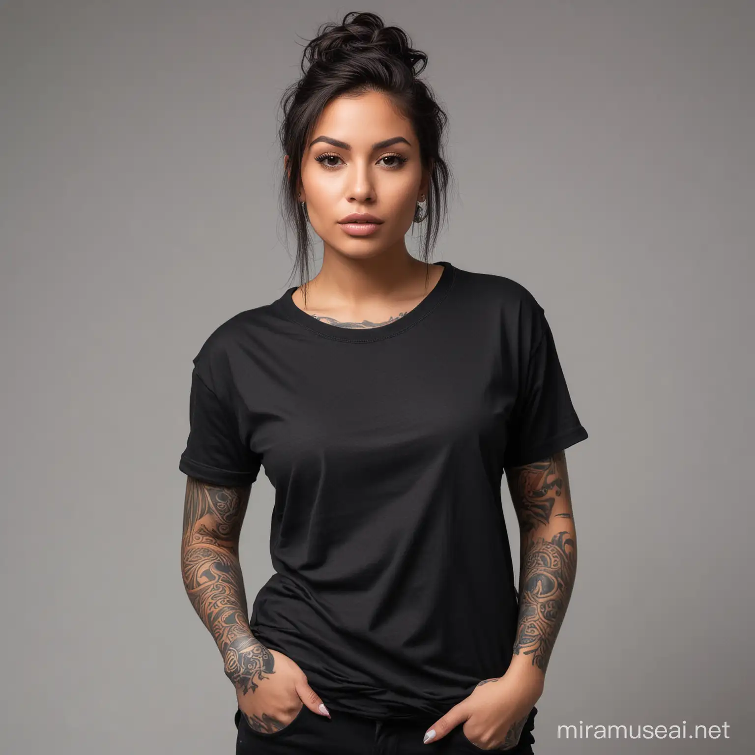 Produce a highly professional and realistic image featuring a beautiful, tattooed Latina model wearing an oversized blank black t-shirt. The photo should showcase a clear, full view of the t-shirt against a white background, emphasizing a clean and minimalist aesthetic.