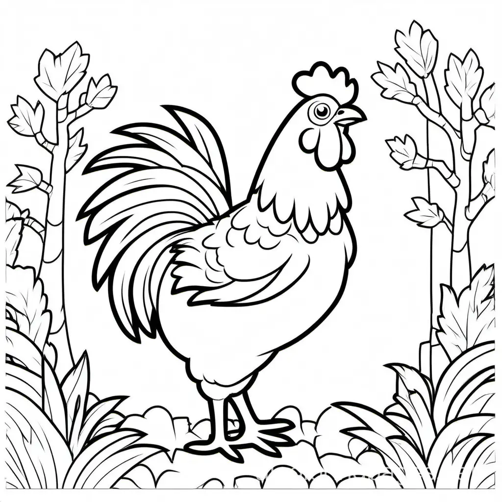 chicken , Coloring Page, black and white, line art, white background, Simplicity, Ample White Space. The background of the coloring page is plain white to make it easy for young children to color within the lines. The outlines of all the subjects are easy to distinguish, making it simple for kids to color without too much difficulty