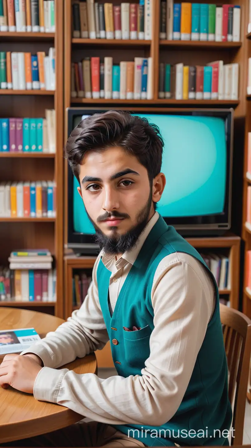 An Iranian boy with a full beard, 20 years old, and wearing classic clothes, is sitting behind a table, and his back is a television and a library.
