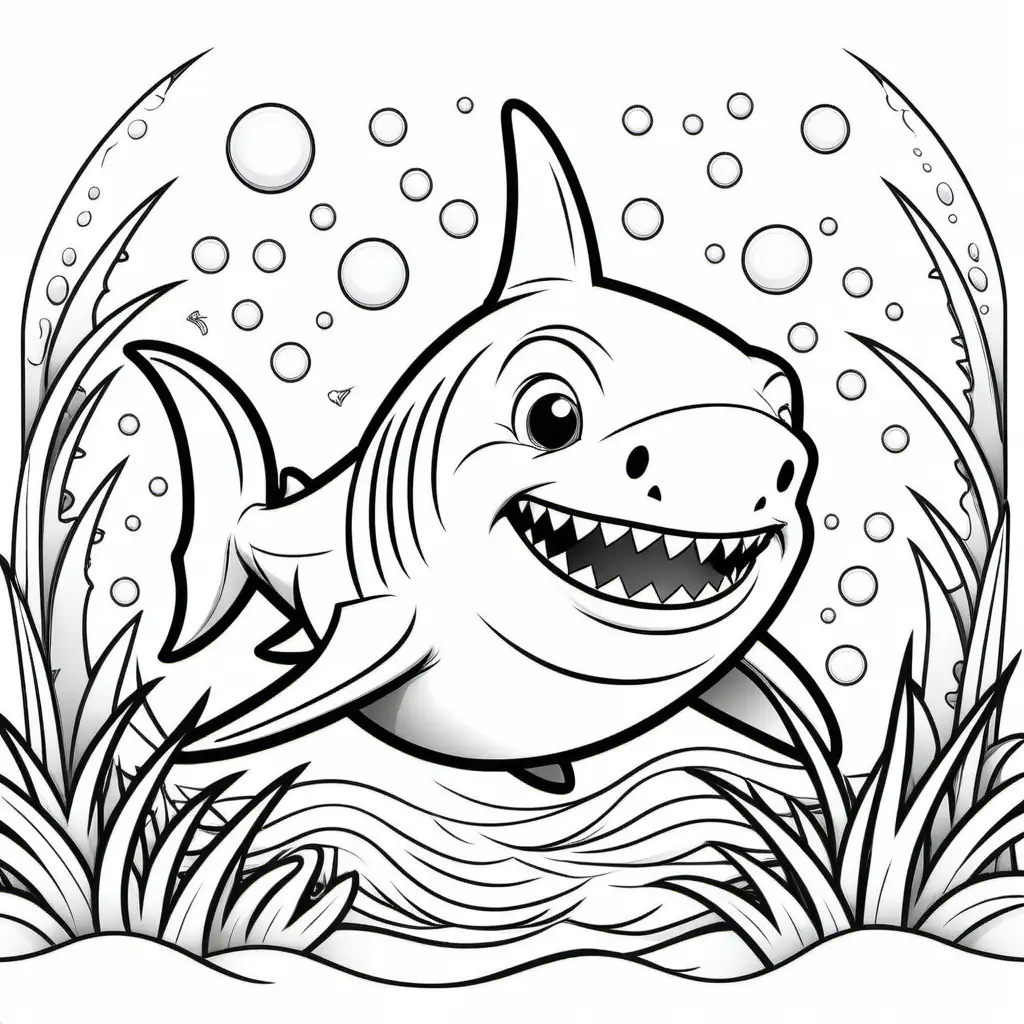 Create a coloring book page for 1 to 4 year olds. A simple cartoon  cute smiling friendly faced Shark in their native enviroment. The image should have no shading or block colors and no background, make sure the animal fits in the picture fully and just clear lines for coloring. make all images with more cartoon faces and smiling