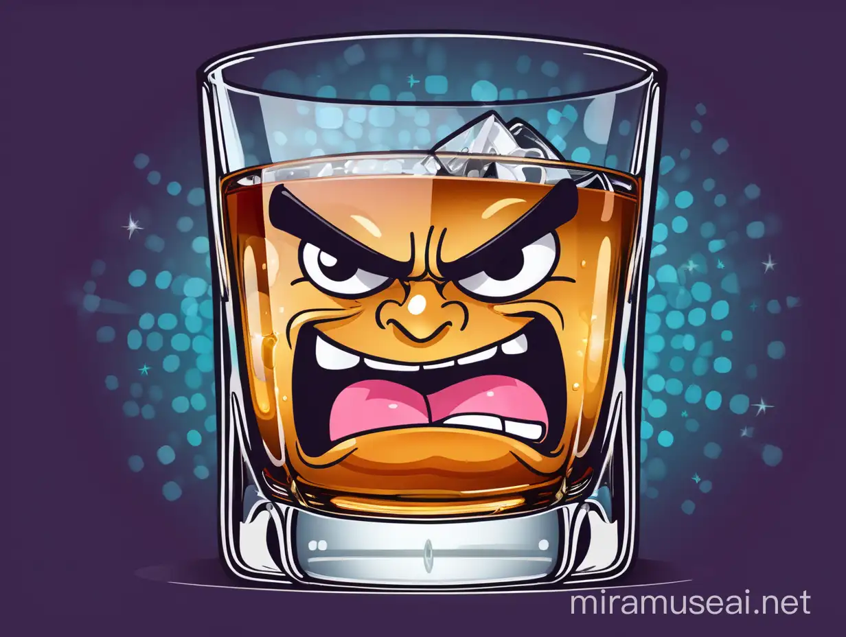a funny draw of a whiskey glass  with an angry face in a disco 

