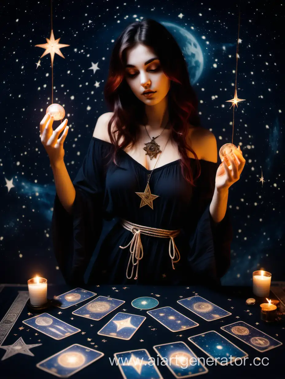 Mysterious-Esoteric-Girl-Holding-Tarot-Cards-in-Dark-Starry-Night