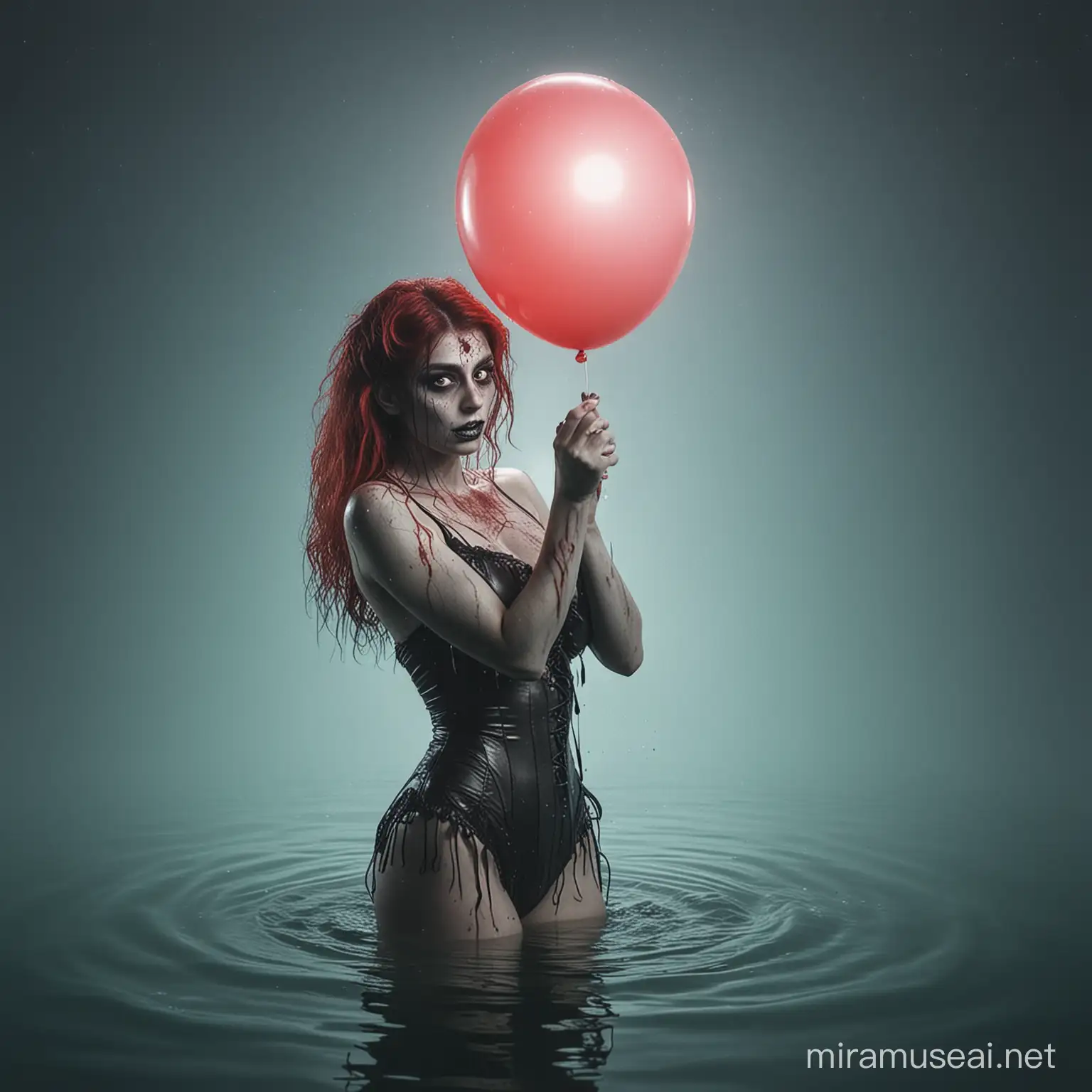 Holding a balloon, beatiful zombie woman, under the water, gradient