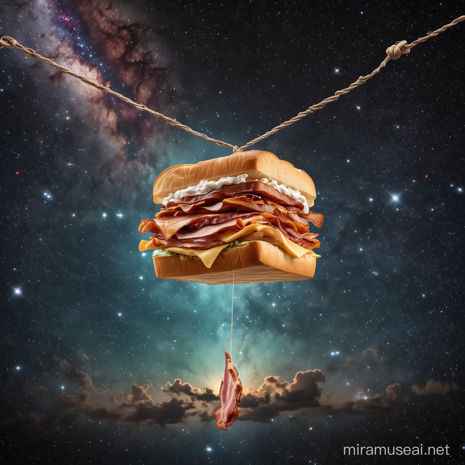 floating bacon sandwich, galaxy background, tethered to a rope