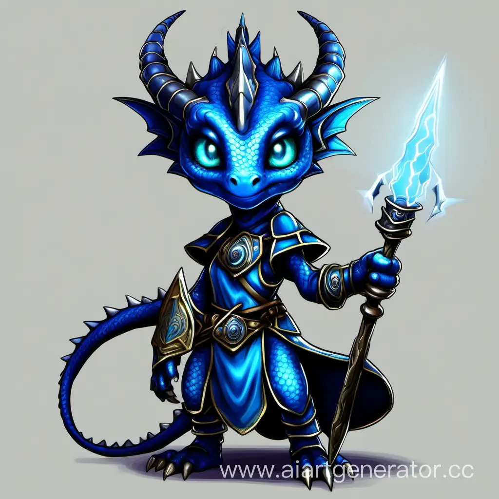 dragon, female wizard of short stature umanoid blue electric, with two daggers, small, cute, big eyes, dragonborn