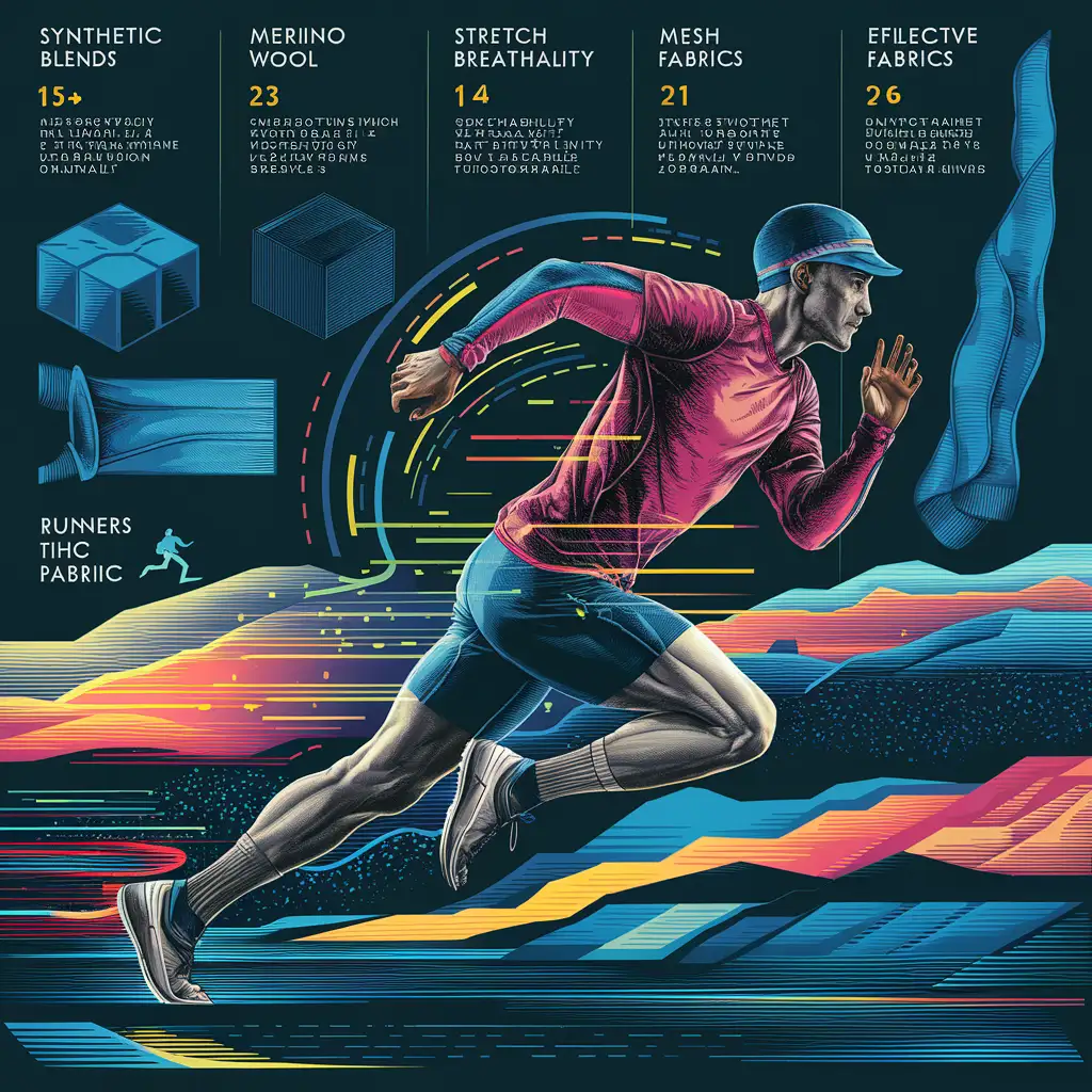 Create a detailed visual explaining the fabric material properties used in runners' clothing.