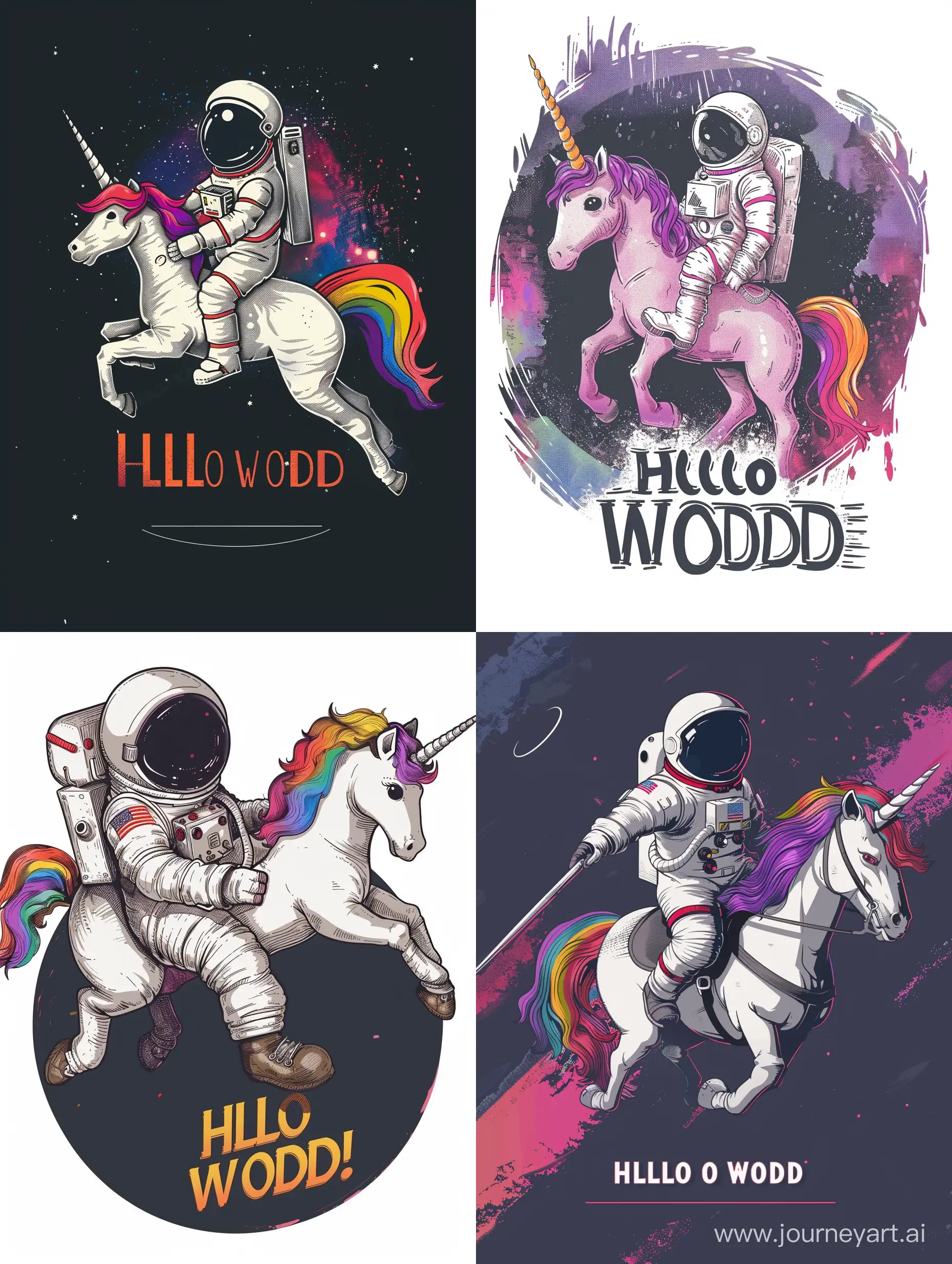 An astronaut riding a rainbow unicorn, cinematic, dramatic, with text:"hello world"