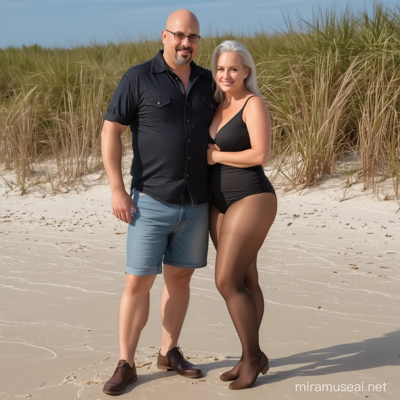 Pantyhose couple, chubby husband and thin wife, wearing shiny dark brown pantyhose nylons tights, denim jean shorts, husband chubby, 35 years old bald, small goatee. black button down shirt. Wife silver hair, 55 years old, large boobs, grey tank top, wearing shiny dark brown pantyhose, standing on sandy florida beach