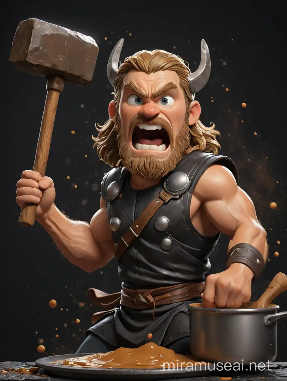 make a 3D animation caricature cartoon photo, 
Thor, marvel superhero, with no horn and wearing batik apron, stirring the dark caramel mixture in a giant pan with mjolnir, black background, high contrast