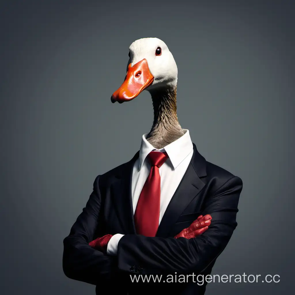 Sinister-Goose-in-Black-Suit-with-Red-Tie-Standing-Confidently