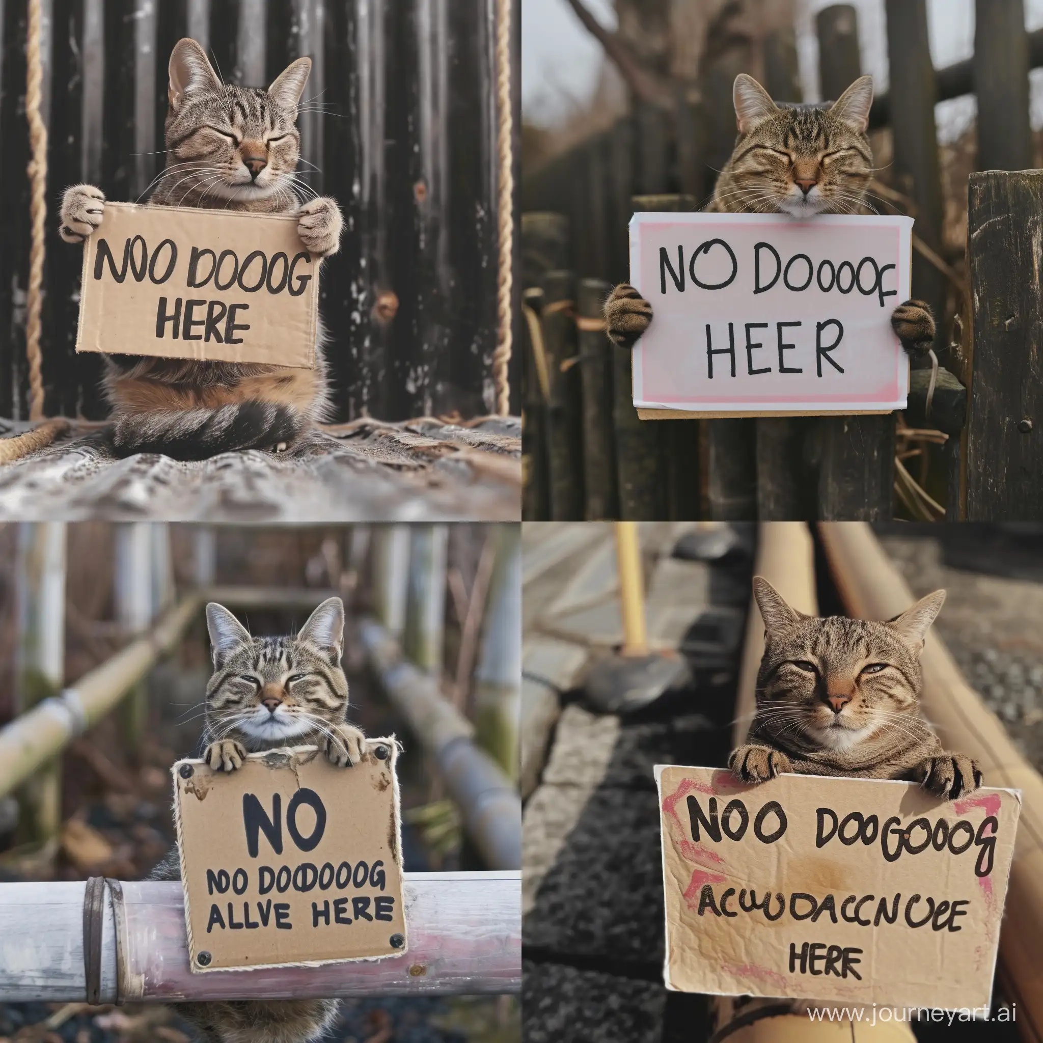 cat holding a sign saying "NO DOGS ALLOWED HERE"