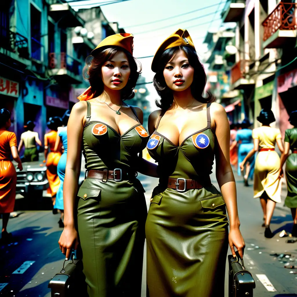 1973 – Vietnám után a város vibrál a nagymellű nők ünneplésétől, és a fotó egy korhű fotorealisztikus ábrázolást rögzít a hazatérő katonákról. A nők és a városi környezet minden részletében érezhető a múlt atmoszférája. A színes öltözékek és a város épületeinek festett részletei autentikusan idézik meg a történelmi pillanatot. A fotót egy modern kamerával készítették, de a fotorealisztikus utómunka hűen tükrözi az akkori valóságot. A fények a városi lámpák és a természetes napfény, amelyek egyesítve egy korszerű fotó erejét és a múlt varázsát sugározzák. --v 5 --q 2
