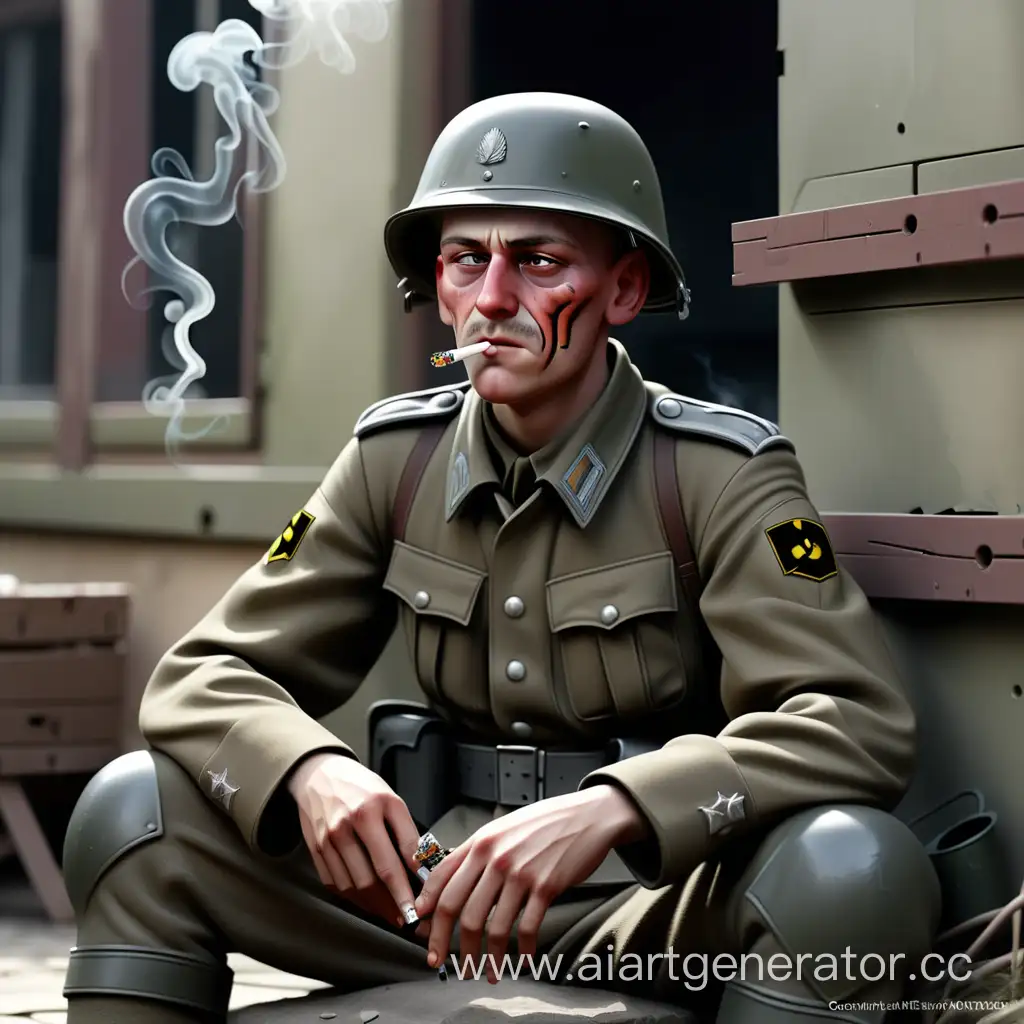Немецкий солдат сидит и курит
