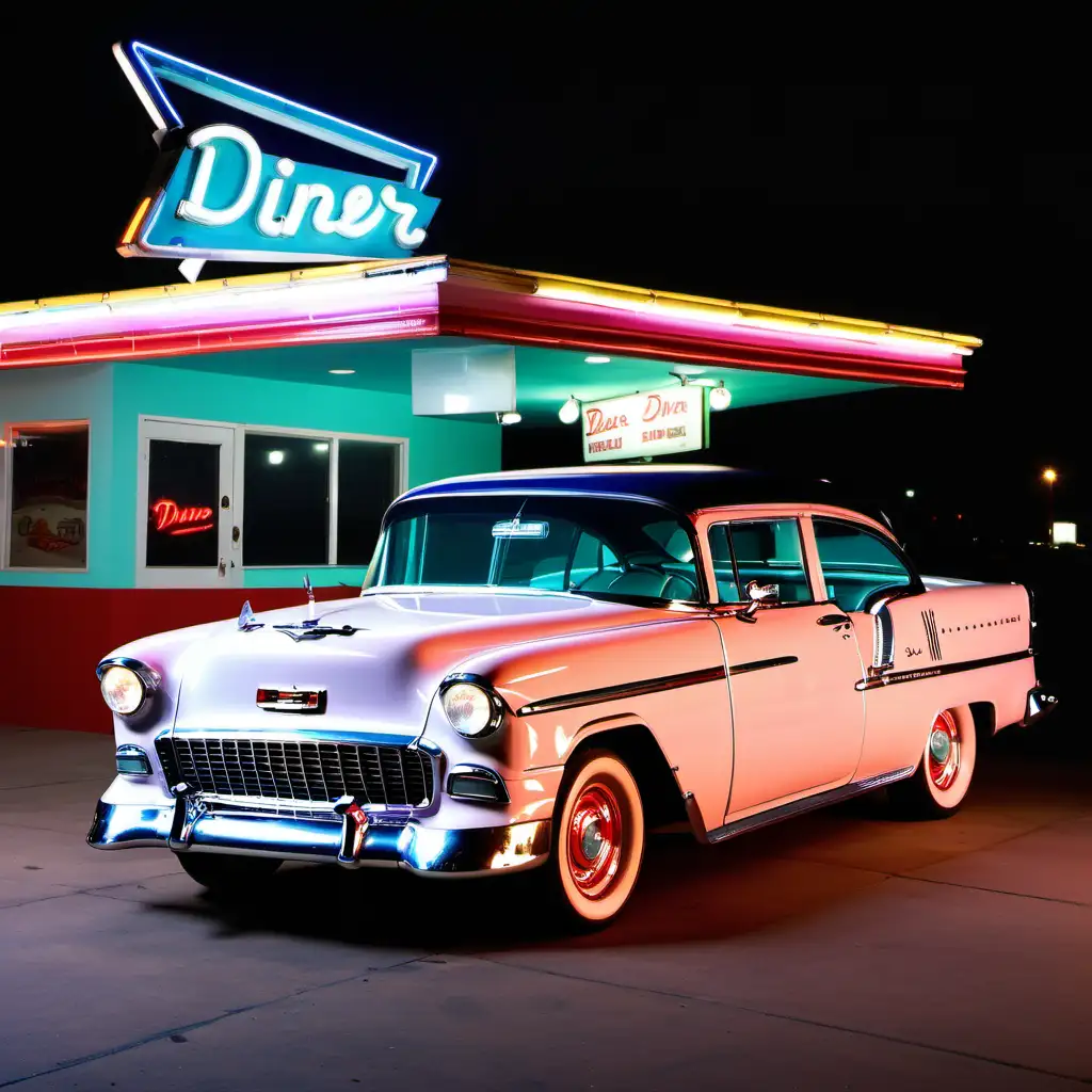 Classic 1955 Chevy Bel Air Parked Outside 1950s Diner Amidst Neon Lights Night Scene