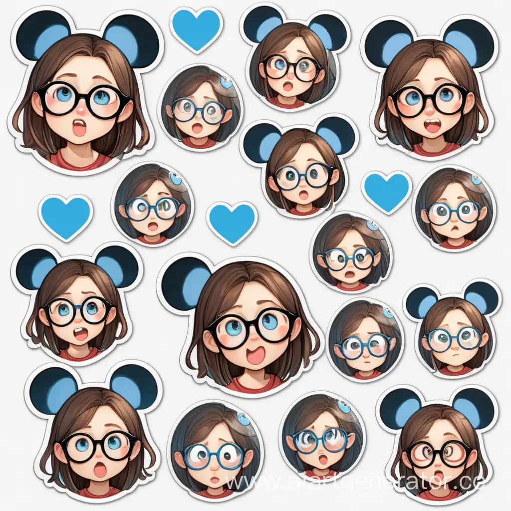 Таблица круглых стикеров с голубоглазой девушкой, с очками и ушками мышки.  Каждый стикер со своей эмоцией. 