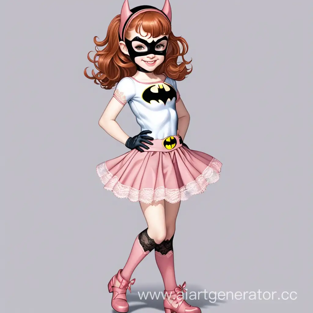 very cute petite dc comics girl tween bat girl light auburn hair skirt with stockings pink lace and heels full body smiling with mask