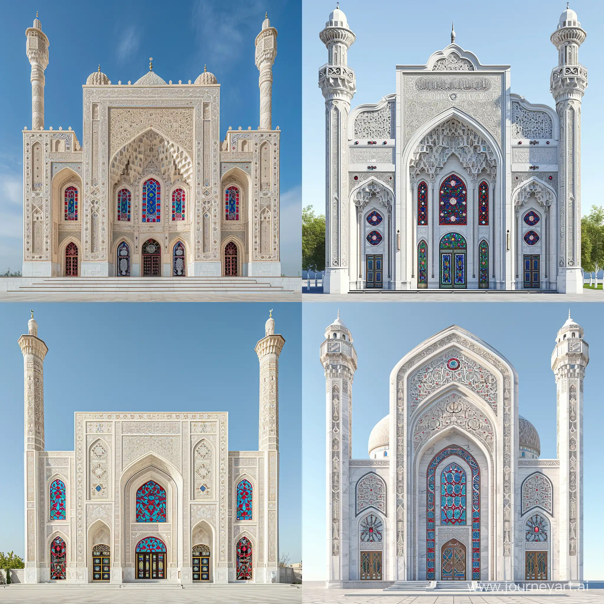 an Uzbekistan style mosque, highly decorated with decorated with arabesque carving, White marbled exterior, tall timurid iwan with muqarnas, persian stained glass windows, thin red blue persian floral design on spandrels, red blue gems and rubies embedded on islamic arabesque openwork ornaments, thin decorative minarets, full view, front view --v 6