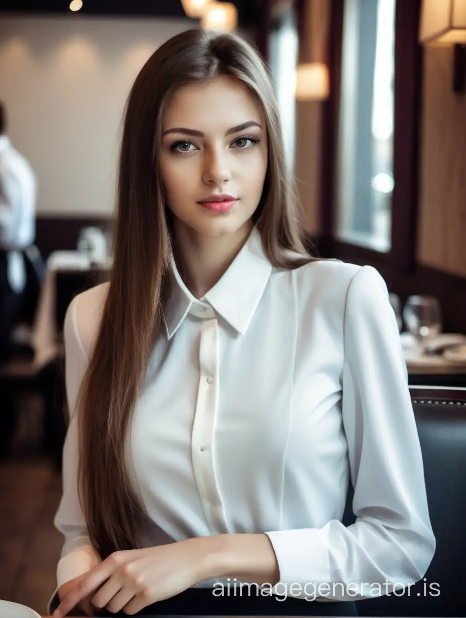 European girl of model appearance, with long brown hair, 25 years old, in a business dress. in a restaurant