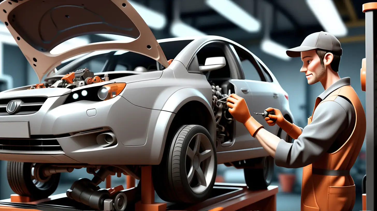 create an image of a car mechanic fixing and repairing a car, with an AI robot touch to the theme, but keep the human element and feel.