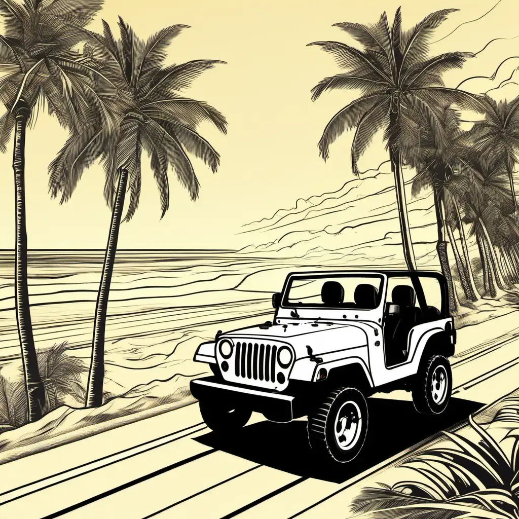 Scenic Jeep Drive along Tropical Beach with Palm Trees