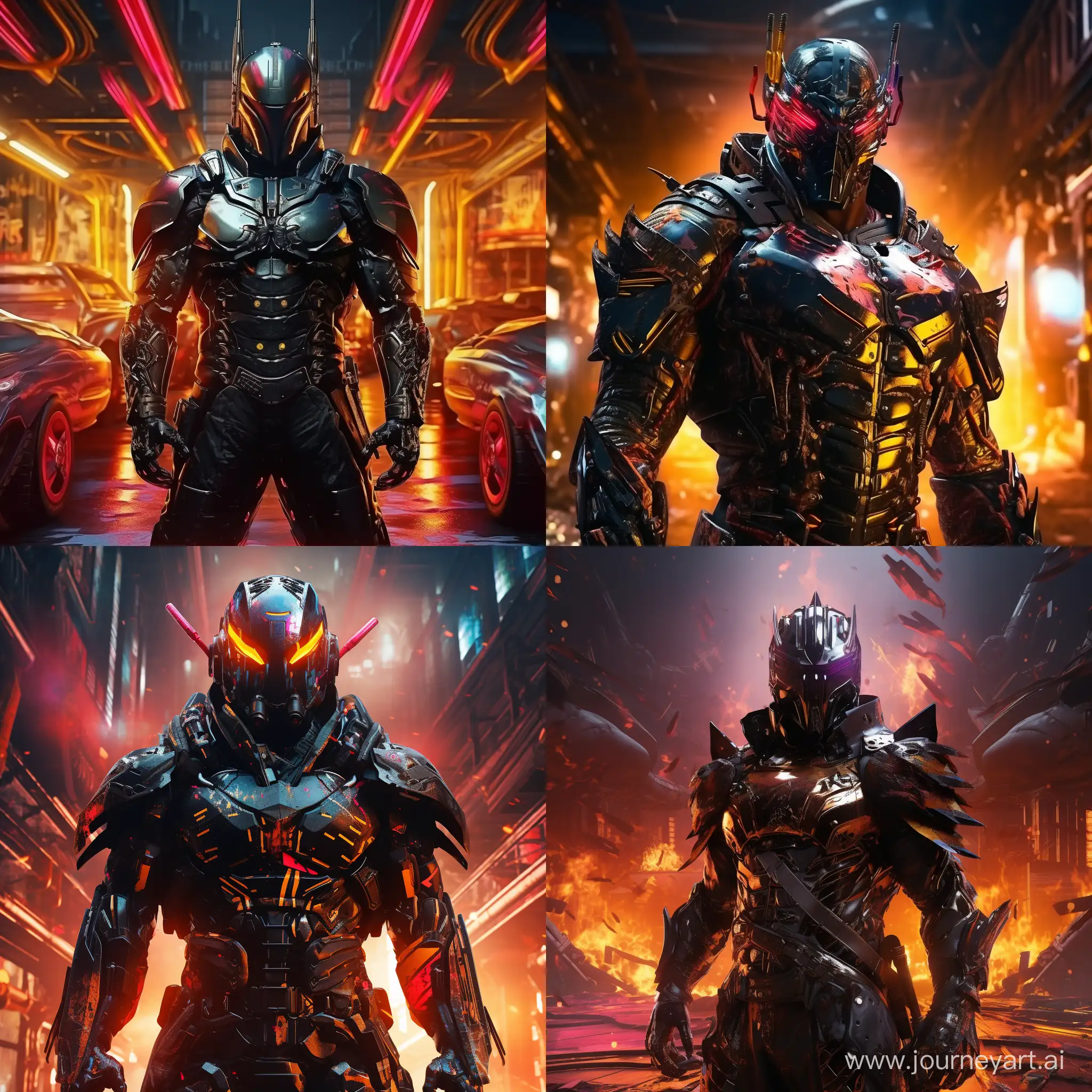 8K, realism, V-Ray, Full length portrait, a black knight racer in armor stands at full height, in cyberpunk style, an explosion of colors, abstraction