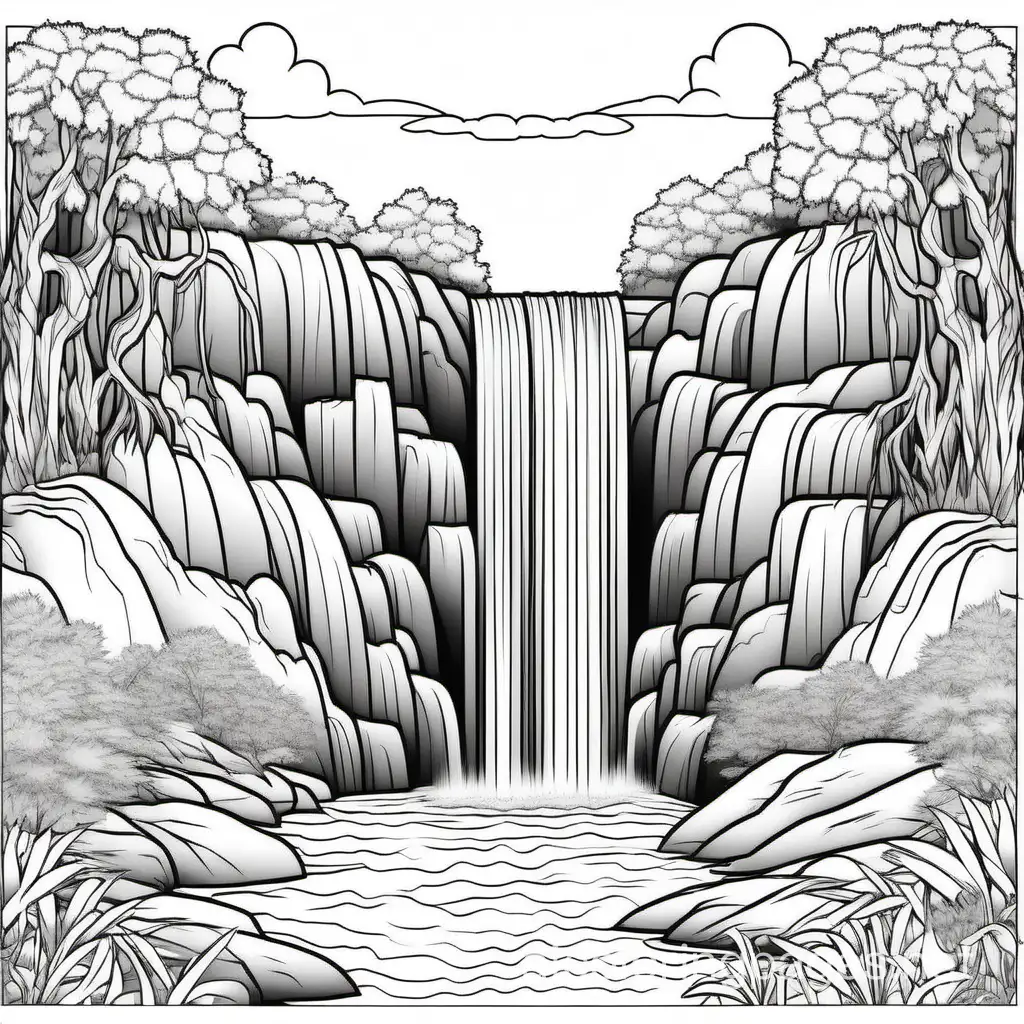 FANTASY WATERFALL LANDSCAPE, Coloring Page, black and white, line art, white background, Simplicity, Ample White Space. The background of the coloring page is plain white to make it easy for young children to color within the lines. The outlines of all the subjects are easy to distinguish, making it simple for kids to color without too much difficulty