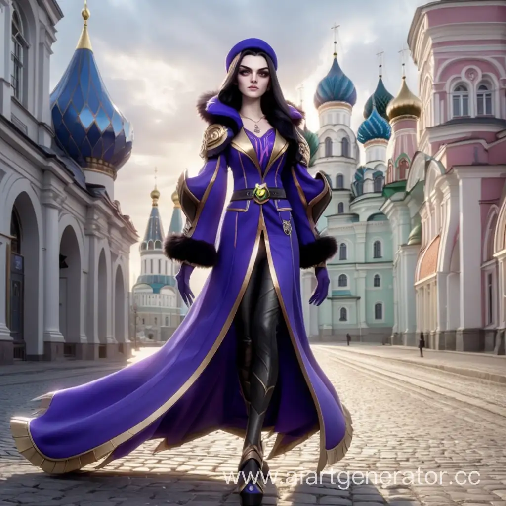 Morgana from the League of Legends walks through an empty Russian city
