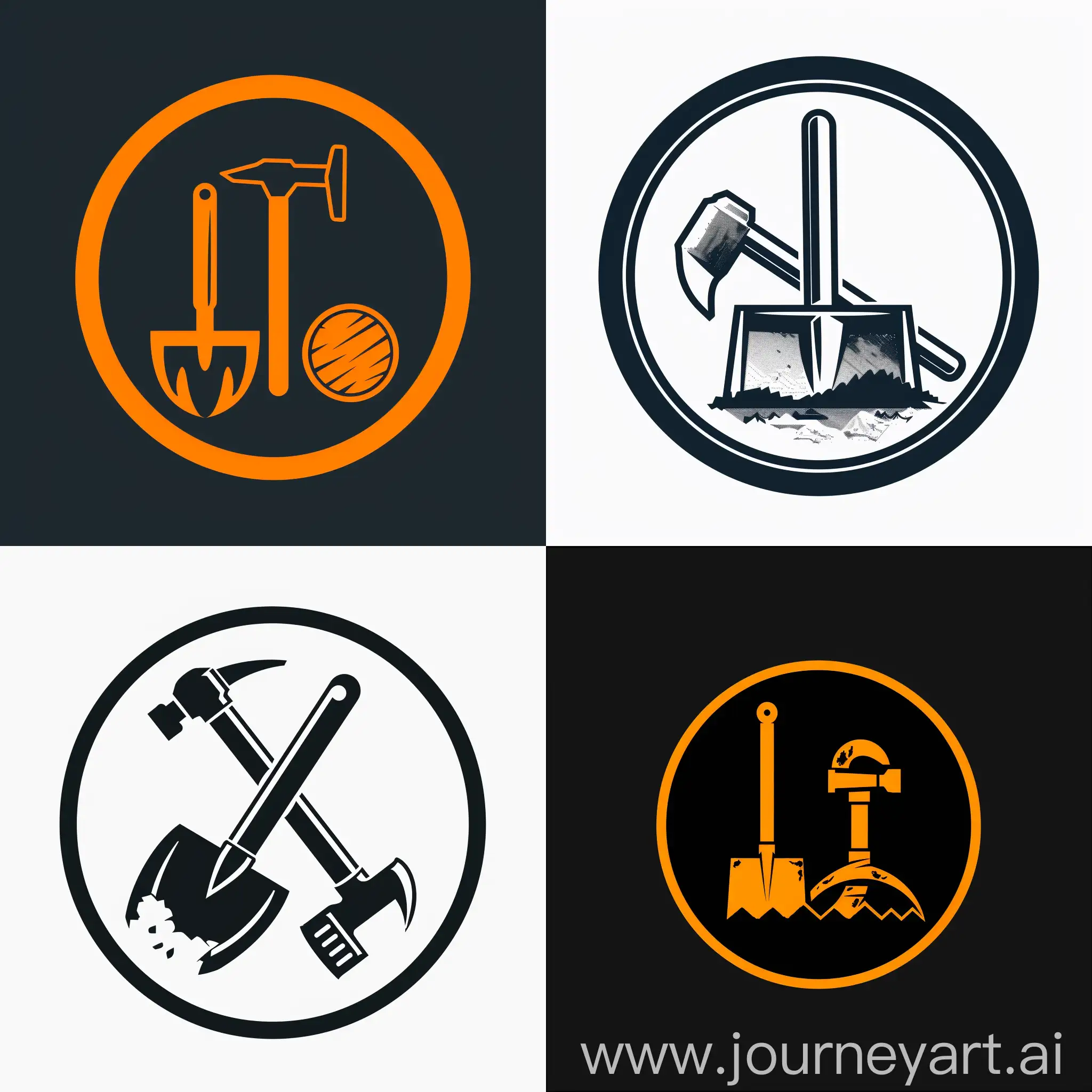logo: a circle in which  a shovel and hammer are depicted --style raw