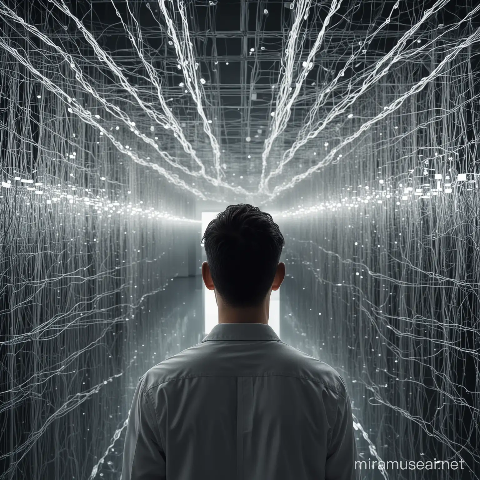 Un homme est face à un miroir et voit son reflet déformé, flottant au milieu de connexions de réseaux informatiques, comme une IA puissante. 