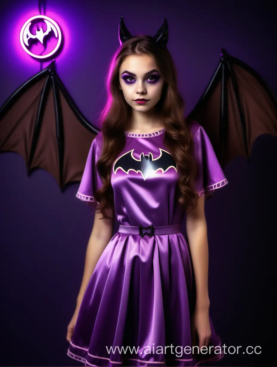 young beautiful web designer girl, brown-haired with long hair, big brown eyes with bright eye makeup, with small bat wings, in a vintage purple dress, neon lighting, bat logo, realistic, in full growth, which leads the dialogue, It stands sideways