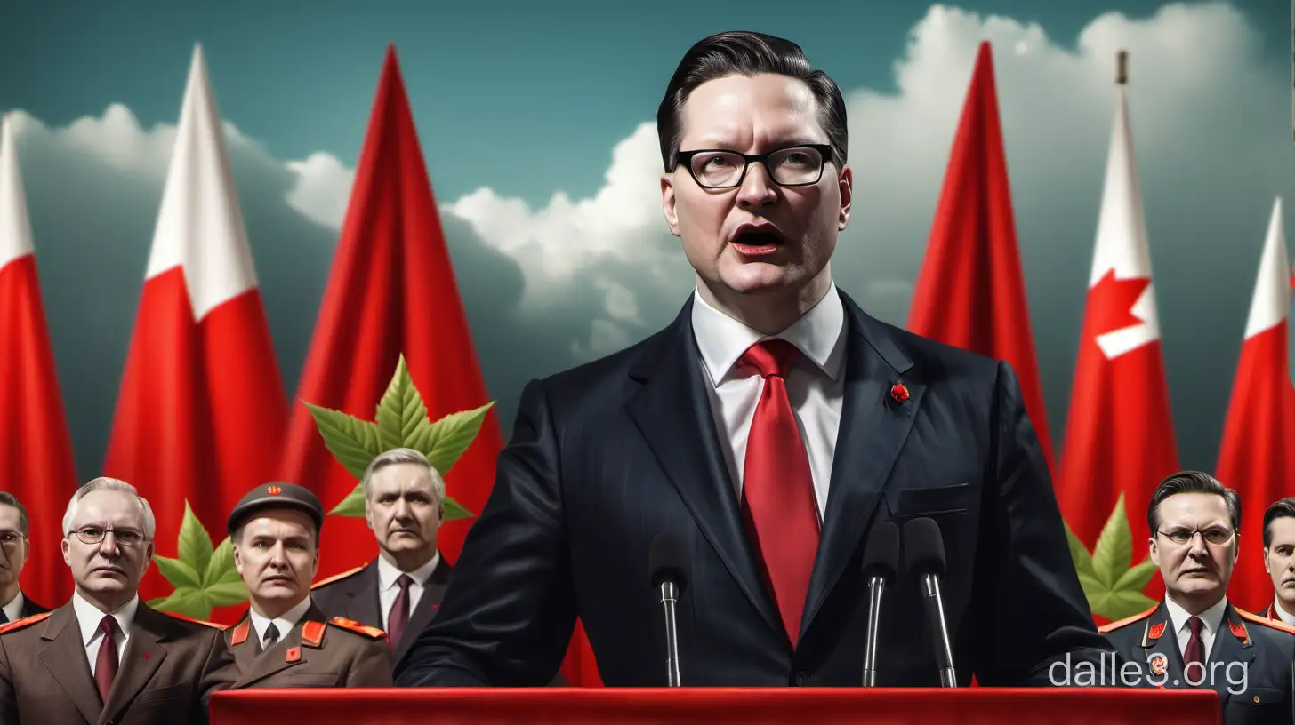 create a Soviet looking photo realistic image of Canada's President Pierre Poilievre giving a CCCP looking May Day speech