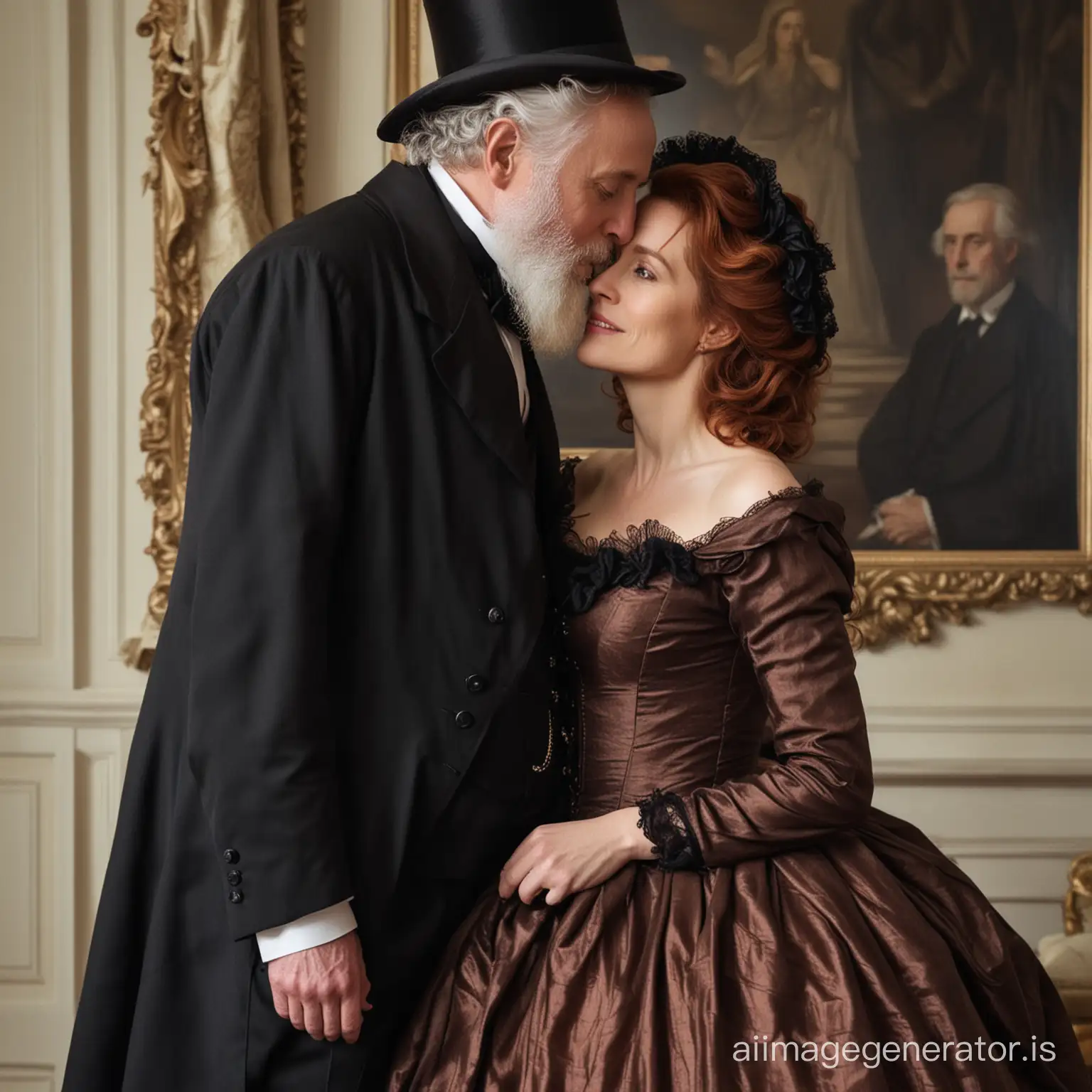 red hair Gillian Anderson wearing a dark brown floor-length loose billowing 1860 victorian crinoline poofy dress with a frilly bonnet kissing an old man dressed into a black victorian suit who seems to be her newlywed husband
