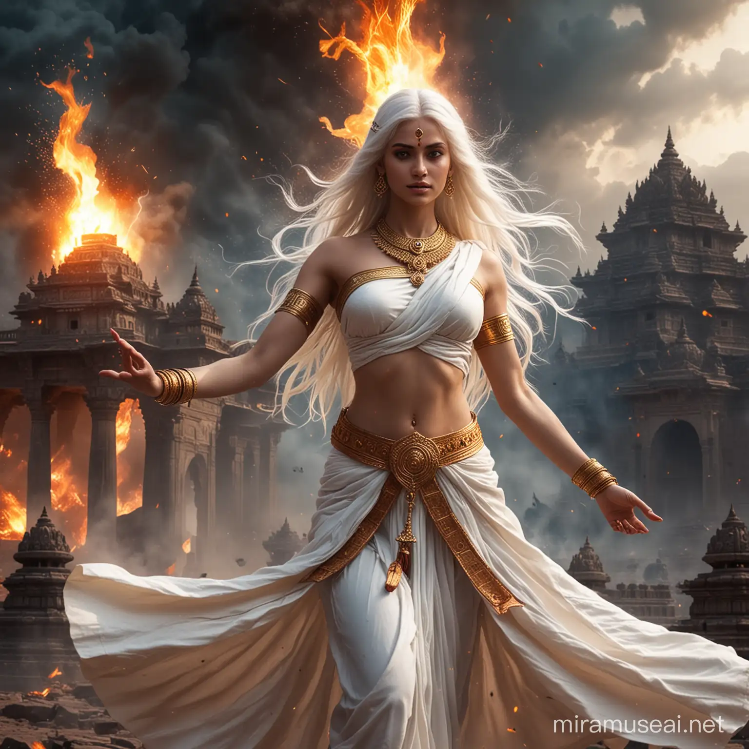 Hindu Empress Goddess in Meditative Combat Amidst Fire and Lightning