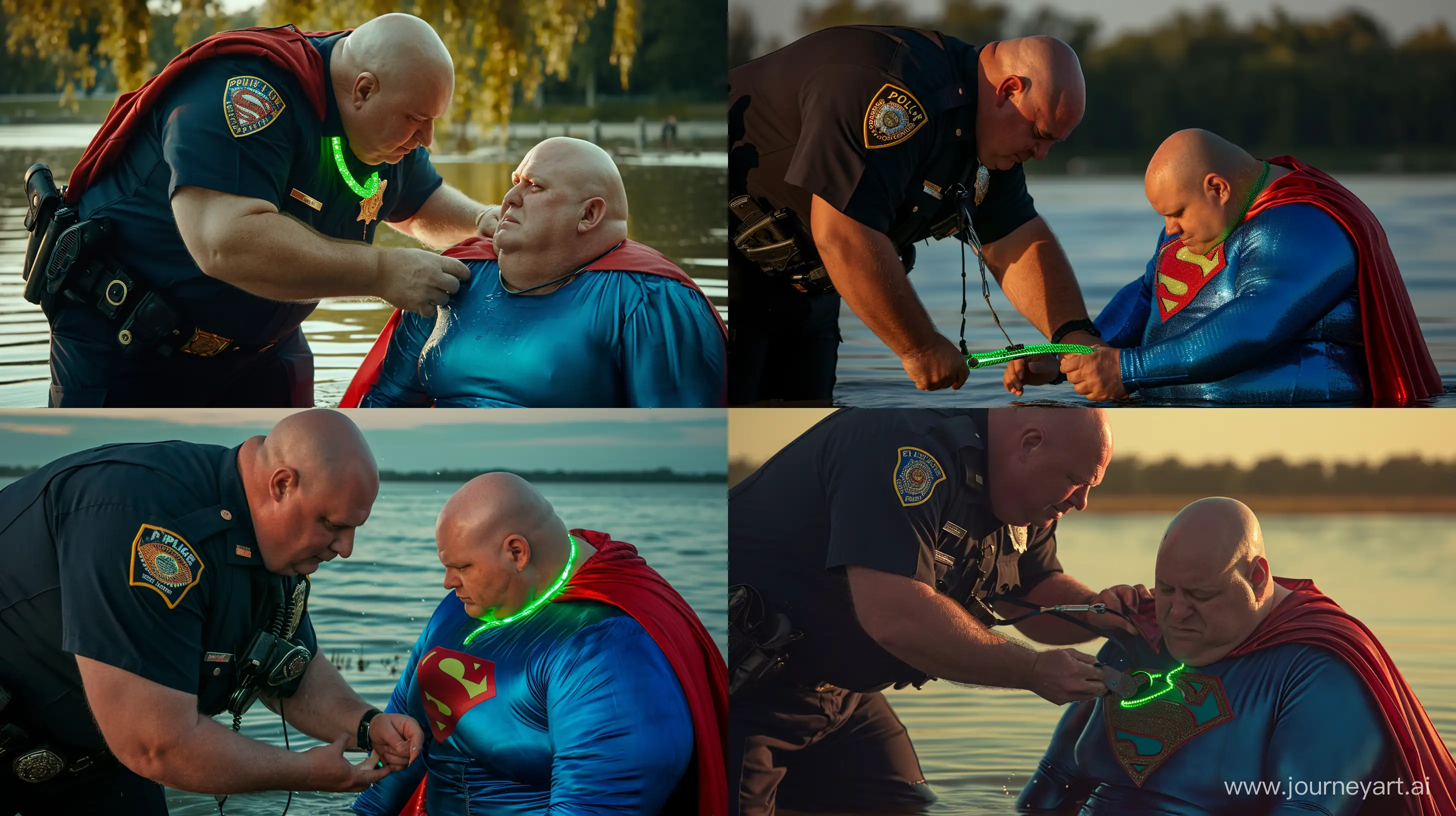 Close-up photo of a chubby man aged 60 wearing a police uniform, bending over and tightening a green glowing small short dog collar on the neck of another chubby man aged 60 sitting in the water and wearing a blue silky superman costume with a large red cape. Outside. Bald. Clean Shaven. --style raw --ar 16:9 --v 6