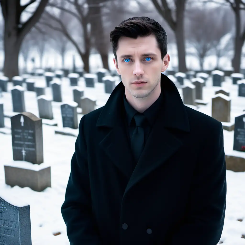 Thirty-year-old man with short dark hair. Large nose. Angular, feminine face. Dressed in all black. Blue eyes. At a cemetery covered with snow. Headstones. 