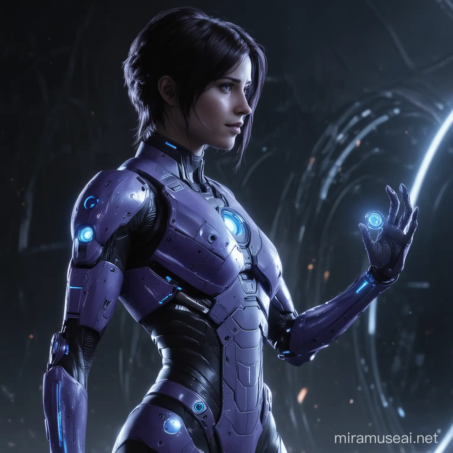 8k wallpaper of cortana from the Halo game, purple gleam, her left hand on her hip, in the background the Halo ring, 1.4:1 ratio